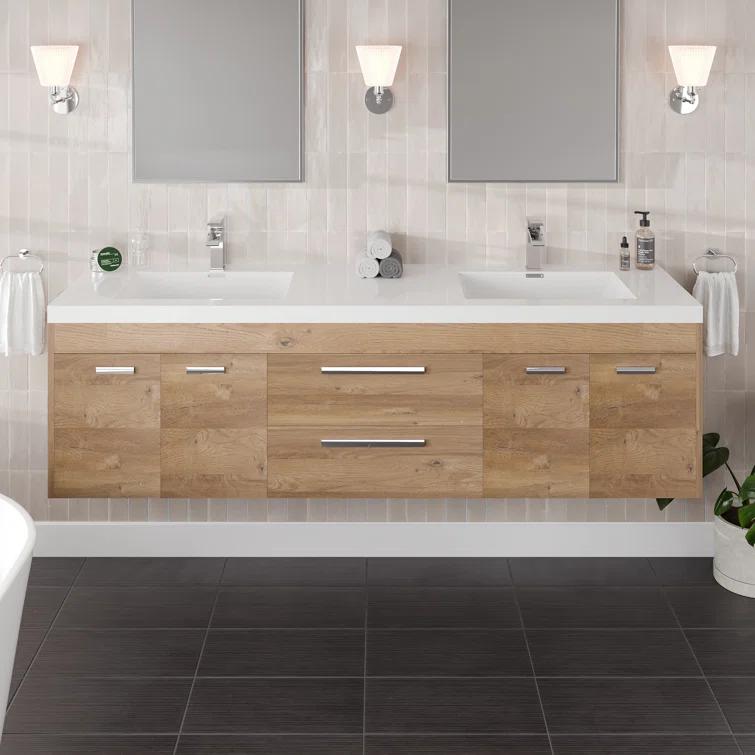 Wade Logan® Wauconda 72"W X 20"D Wall Mount Double Sink Bathroom Vanity With White Acrylic Countertop And Integrated Sinks