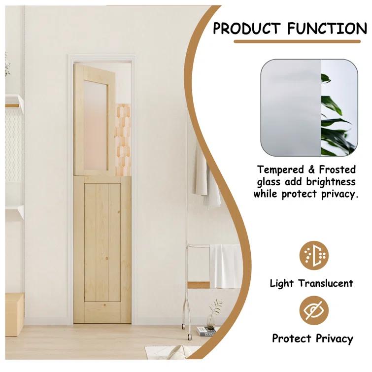 CHIC MODE Interior Dutch Door - Half Frosted Glass Split Door Slab, Modern Style Farmhouse Closet Door, Natural Pine Wood(Not Include Door Hinges)