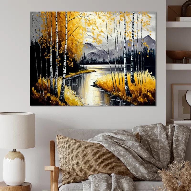" Gray And Yellow Birch Trees By The Lake II "