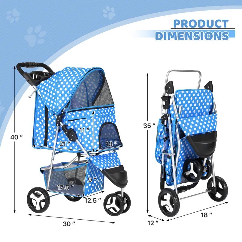 Magshion Foldable Pet Dog and Cat Stroller with Adjustable Canopy Storage Basket and Cup Holder for Small and Medium Pets