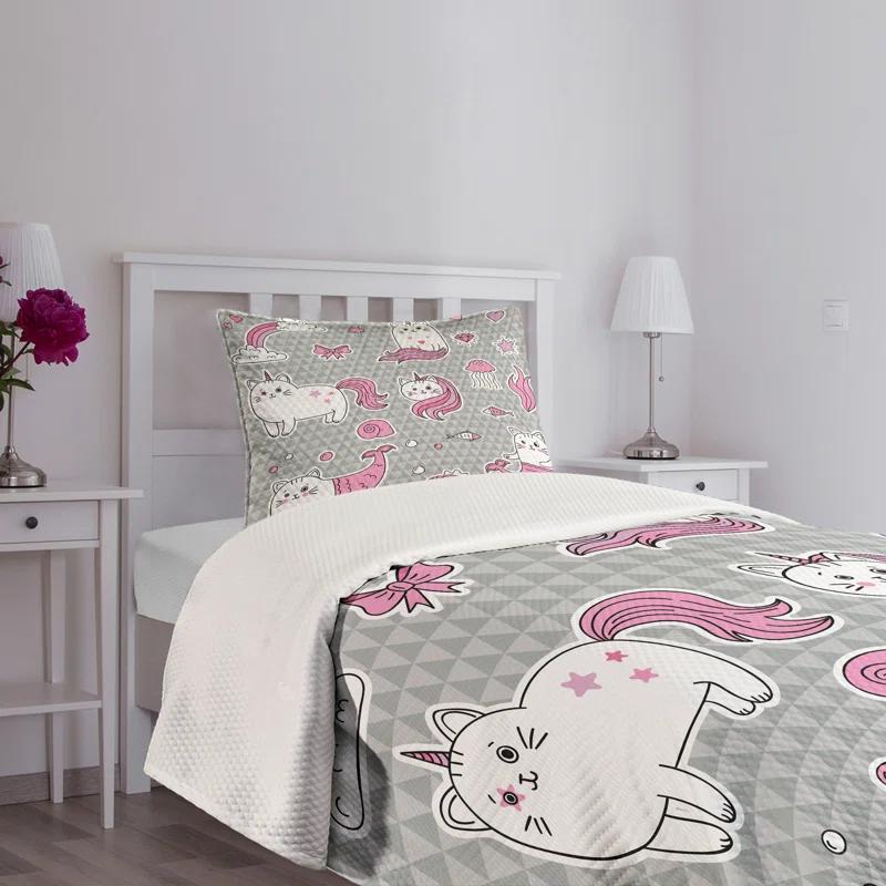 Ambesonne Ambesonne Unicorn Cat Bedspread Set Mermaid Cat Grey Pale Pink White