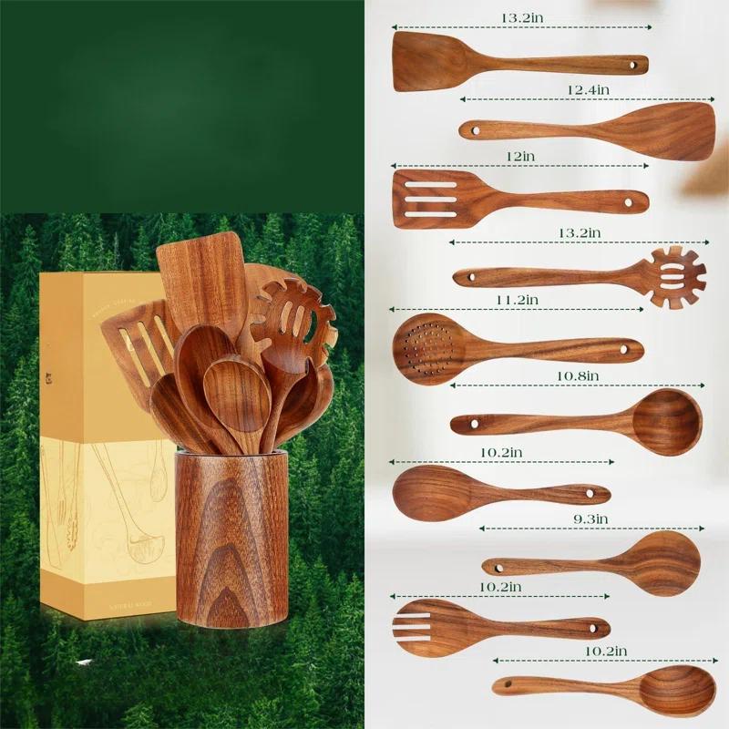 FAST APPLIANCES LLC 10 Pcs Wooden Spoons For Cooking, Wooden Utensils For Cooking Teak Wood Nonstick Wooden Cooking Utensils,Wooden Spatula Sets