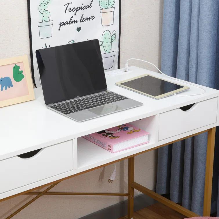 Ebern Designs Glenhill Writing Desk with Drawer - Built-In Power Outlets for Home Office