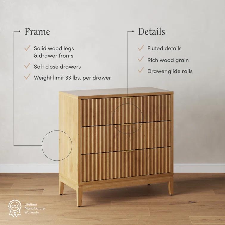 Nathan James 3-Drawer Dresser With Solid Wood Frame And Fluted Details (2-Piece Set)