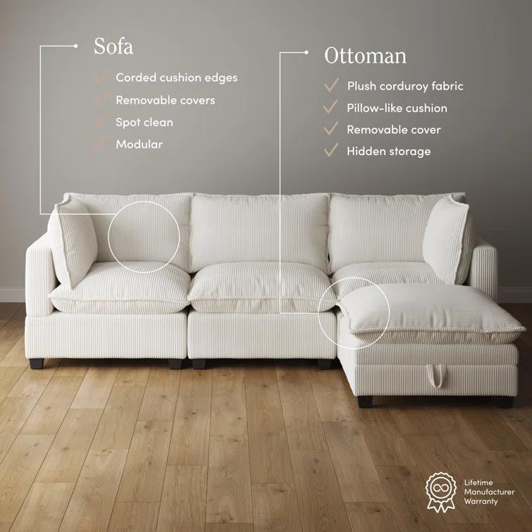 Hokku Designs Somerdale Modern Upholstered Cloud 3-Seater Sofa & Ottoman