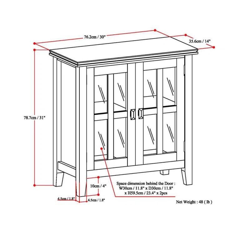 Simpli Home Artisan 30"W Solid Wood 2-Shelf Low Storage Cabinet with Glass Doors and Adjustable Shelves