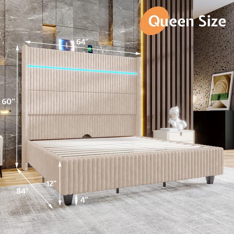 Ivy Bronx LED Bed Frame, Corduroy Upholstered Platform with 60" Tall Headboard & Charging Station