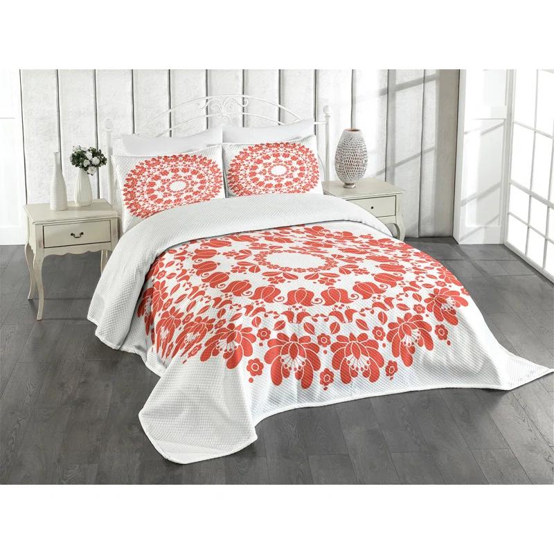 Ambesonne Ambesonne Mandala Bedspread Set Hungarian Round Folk Art White and Vermilion