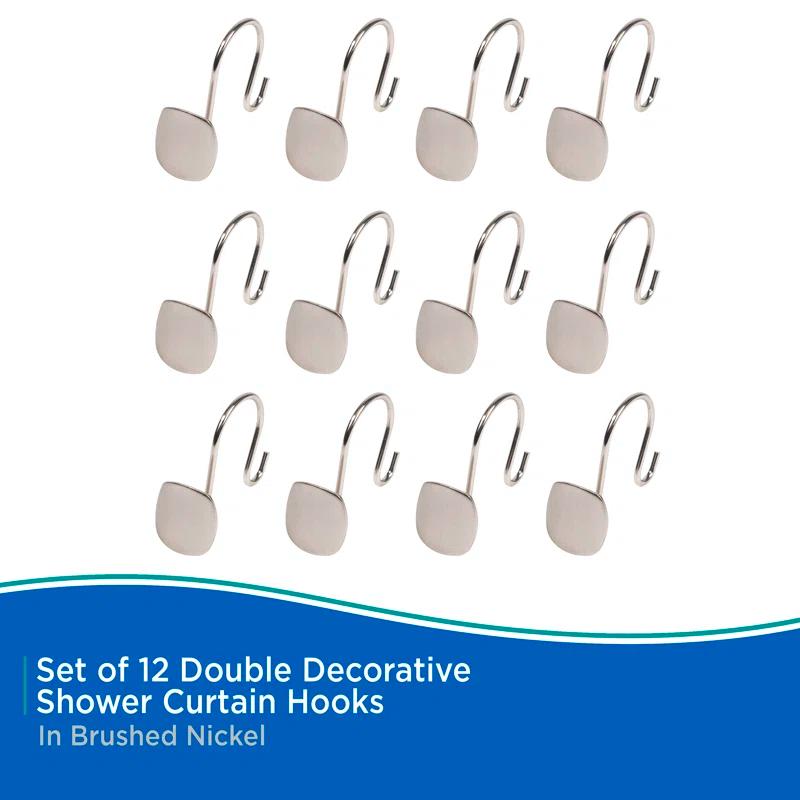 Kenney Kenney Abstract Rust-Resistant Metal Double Decorative Shower Curtain Hooks, Set of 12, Brushed Nickel (Set of 12)