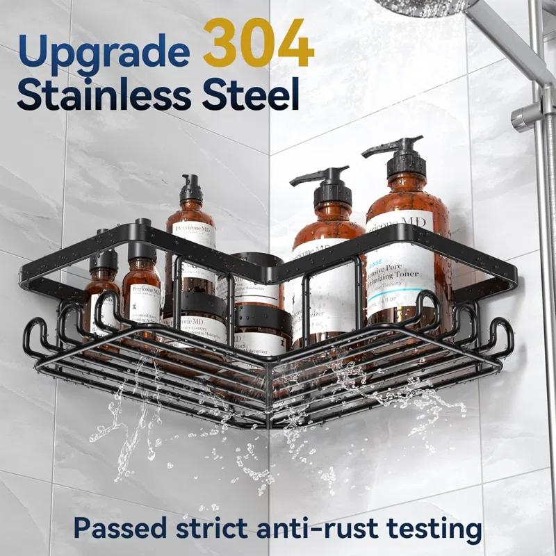 Rebrilliant 3-Pack Corner Adhesive Shower Caddy with Soap Holder & 12 Hooks, Stainless Steel