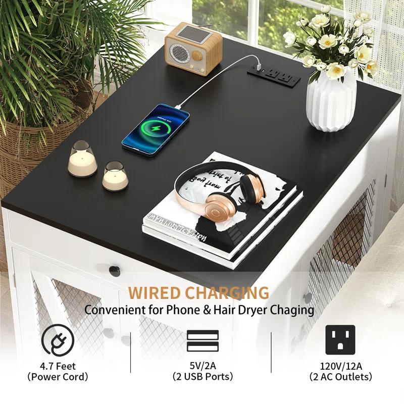 Tucker Murphy Pet™ Dog Crate Furniture, Wooden Dog Kennel End Table with USB Charging Station, Storage Drawer, Double Latched Door, Farmhouse Furniture-Style Crate Side Table for Dogs Under 40 lbs, Indoor Use