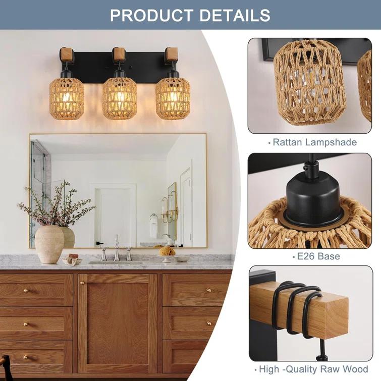 BEAUTY DEPOT Rustic Wood Bathroom Vanity Light Fixture With Boho Wicker Lampshade, 3-Light Farmhouse Wall Sconce For Bedroom, Hallway, Living Room, Black Rattan Design