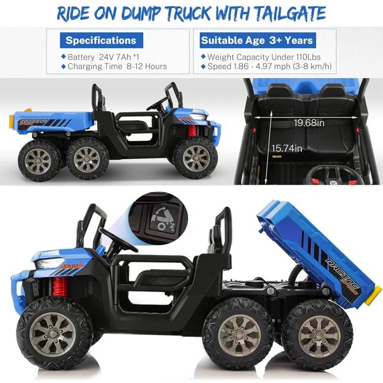 JOYRACER 24V 2 Seater Ride On Dump Truck with Remote Control , Electric UTV Car with Electric Dump Bed, 4WD Power Ride Cars W/6 Wheels Ride On Toys with Shovel Music Player