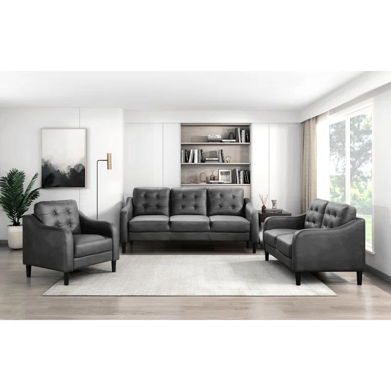 Lark Manor™ Gray Polished Microfiber Upholstered 1Pc Sofa Button Tufted Contoured Arms Solid Wood Frame Couch Casual Living Room Furniture