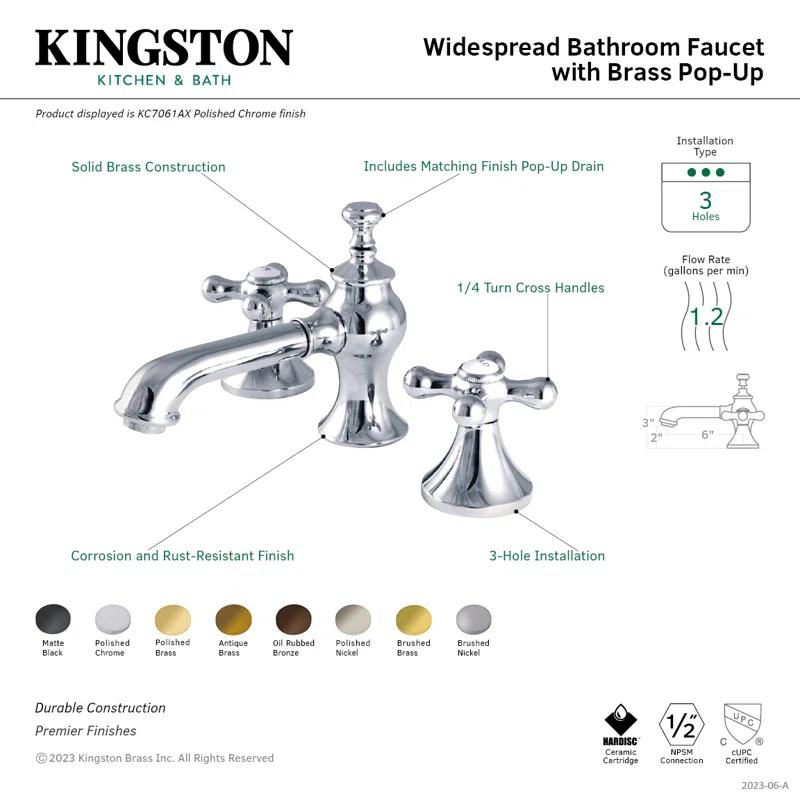 Kingston Brass Vintage Two-Handle 3-Hole Deck Mount Widespread Bathroom Faucet with Brass Pop-Up Drain