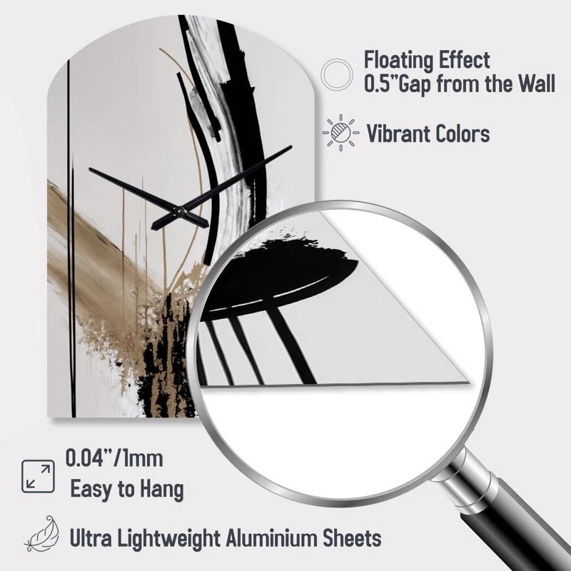 Design Art Golden Minimalist Abstract IV - Abstract Asymmetrical Metal Wall Clock, Black Arch Wall Clock Print