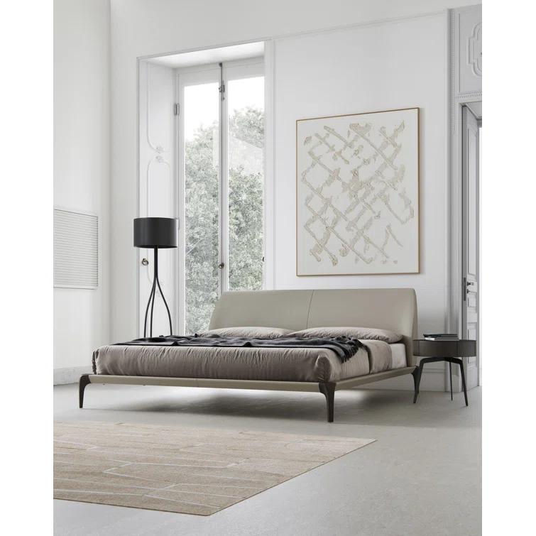 Queen Beige Faux Leather Upholstered Bed with Wood Frame