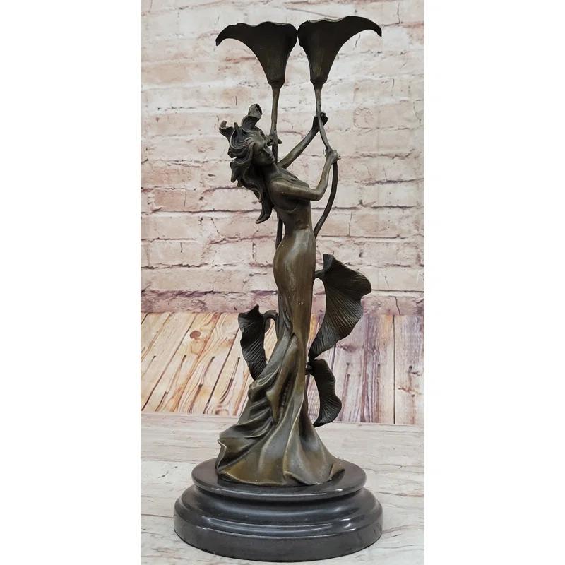 Red Barrel Studio® Walene Tulip Young Girl Candlestick Statue Bronze Art Deco Candleholder Sculpture
