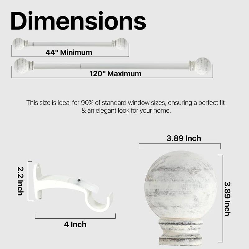 Deco Window Adjustable Curtain Rod for Windows 44 to 120 In Extendable Heavy Duty Iron Drapery Pole with Finials