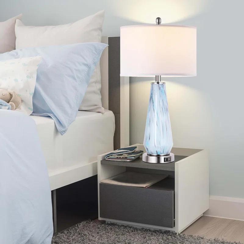 Brayden Studio® Modern Table Lamp Set Of 2 Touch Control, 27" Tall Faded Swirl Blue Gray Art Glass Bedside Lamp With USB Ports, 3-Way Dimmable Hand Crafted Nightstand Lamps White Drum Shade For Living Room, Bedroom