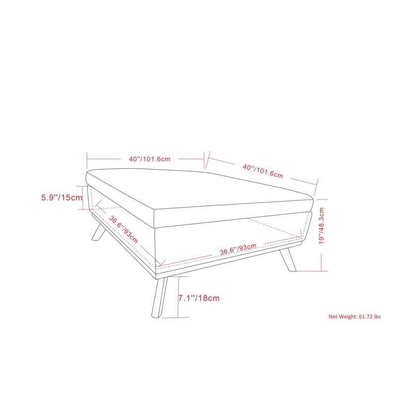 Simpli Home Owen 40"W XL Upholstered Square Coffee Table Storage Ottoman with Lift Top and Solid Wood Legs