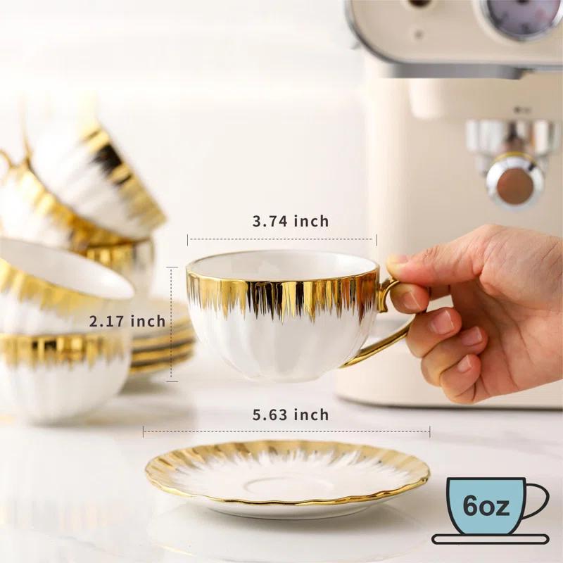 FAST APPLIANCES LLC Cappuccino Cups With Saucers, 7 Oz Porcelain Double Espresso Cups Set, Ceramic Turkish Coffee Cups With Trim, Tea Cups Set Of 6, Cafe Cups For Latte, Mocha, Au Lait