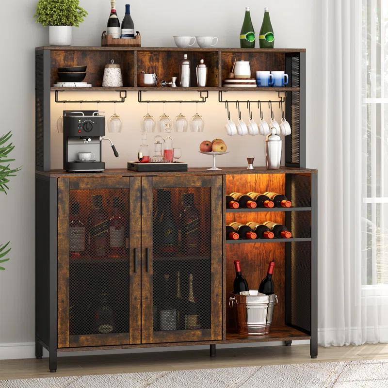 17 Stories Hoffarth 47.24'' Wine Bar Cabinet with LED Lights, Liquor Cabinet Coffee Bar Cabinet with 3 Storage Compartments & Wine Rack & Glass Holder