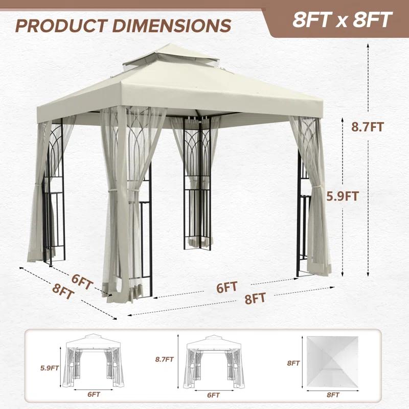 COOS BAY 8 Ft. W x 8 Ft. D Steel Frame Vented Soft Top Patio Gazebo with Mesh Netting, Corner Shelves