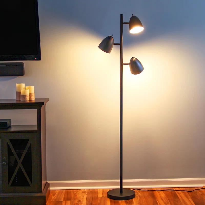 Brightech Jacob 64" Modern 3-Light Adjustable LED Floor Lamp with Black Finish and Metal Cone Shades, Bulbs Included
