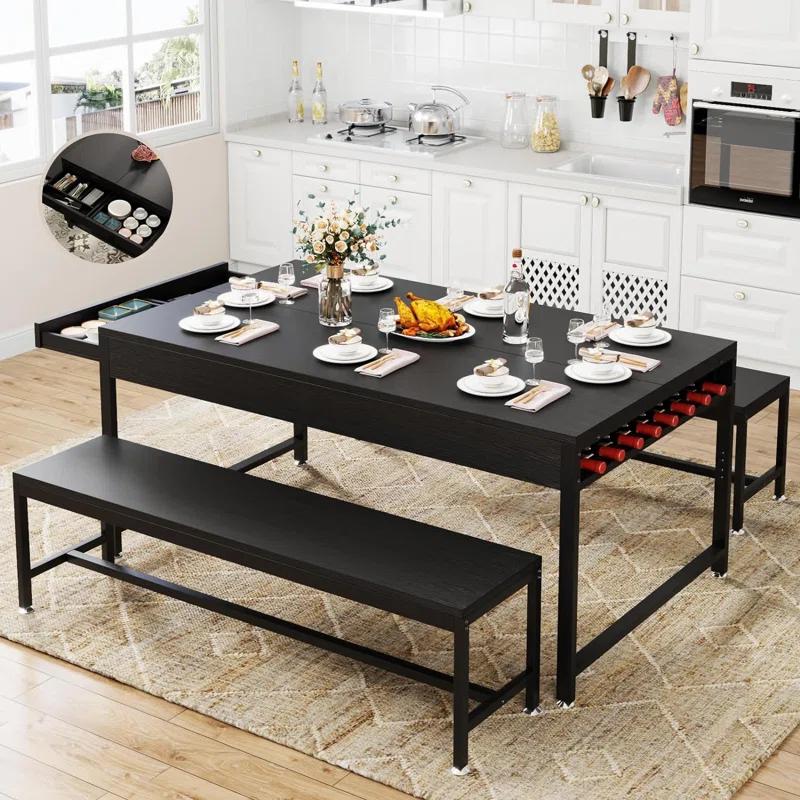 17 Stories Zubie 63"Dining Table Set for 4-6, 3-Piece Kitchen Table with 2 Utensil Drawers,2 Benches&Wine Rack