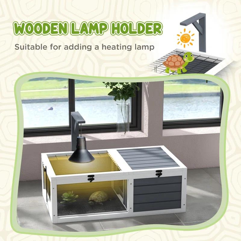 Tucker Murphy Pet™ Tortoise Habitat, Wooden Tortoise House, Indoor Outdoor Tortoise Enclosure With Lamp Holder, Pull-Out Waterproof Trays, Openable Lids, Gray