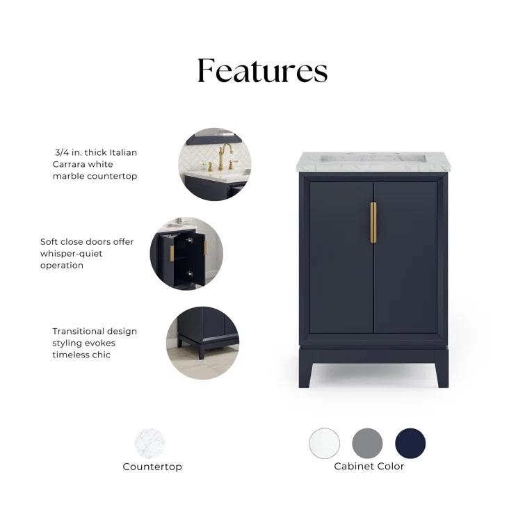 Elizabeth Collection 24 in. Bath Vanity in Monarch Blue With Vanity Top in Carrara White Marble - Vanity Only