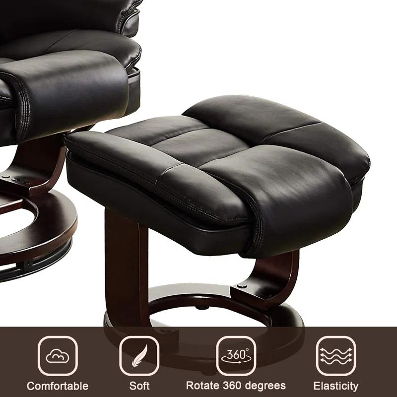Snugway 32" Contemporary Leather Recliner and Ottoman with Swiveling Mahogany Wood Base