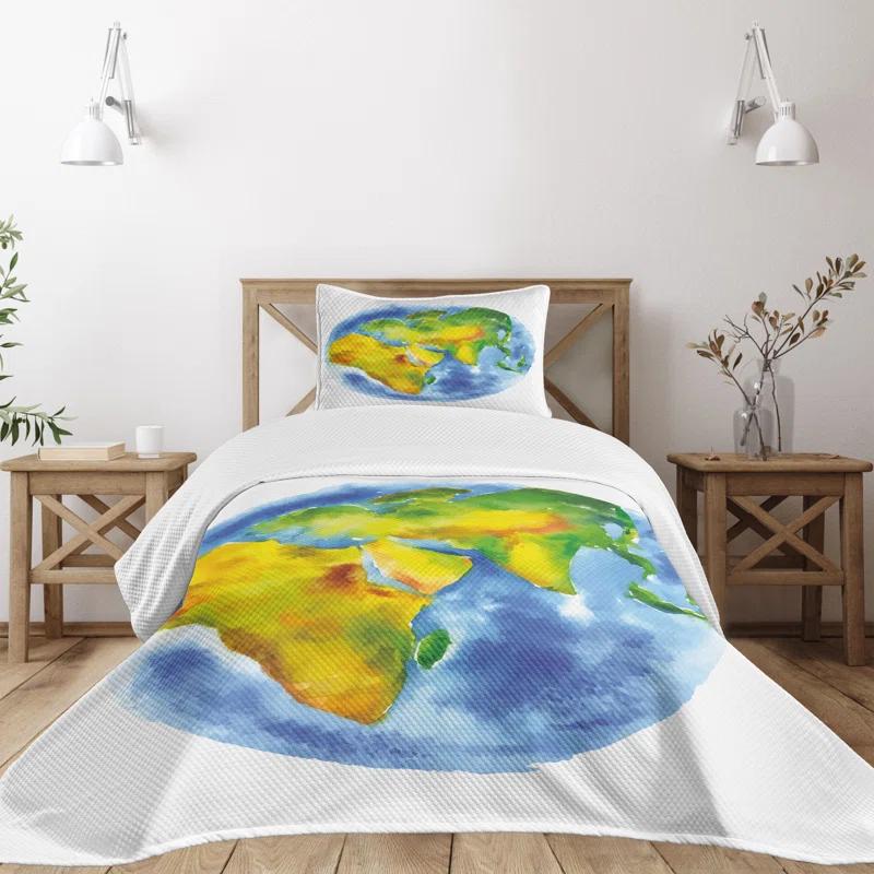 Ambesonne Ambesonne Earth Bedspread Set Globe of Earth Watercolors Pale Blue Green Yellow