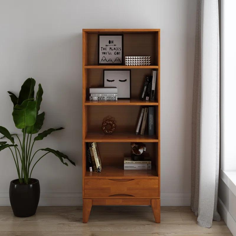Simpli Home Harper 24"W Solid Hardwood 4 Shelf Mid-Century Modern Bookcase with Drawer and Adjustable Shelves