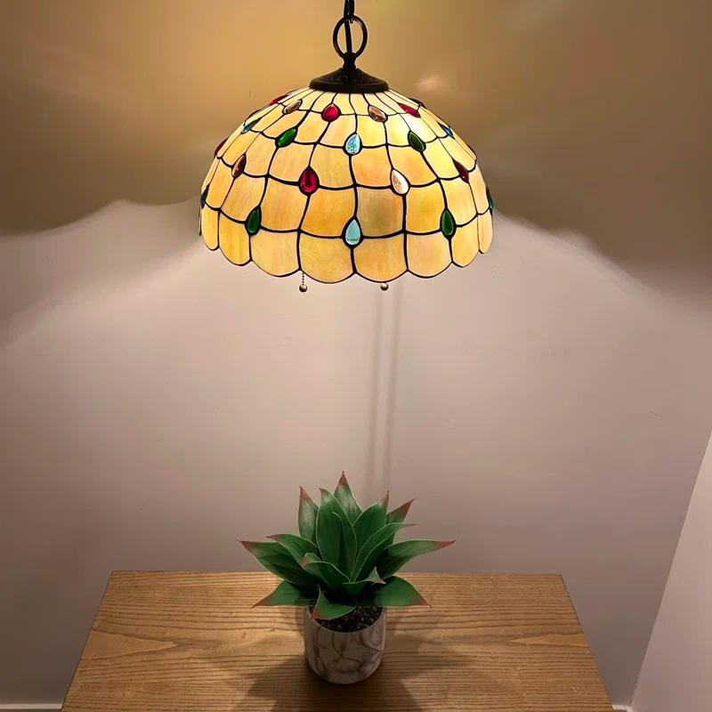 Astoria Grand Paladora Tiffany Pendant Lights Gold Stained Glass Crystal Beans LED Bulbs Included 16" W*16" D*75" H
