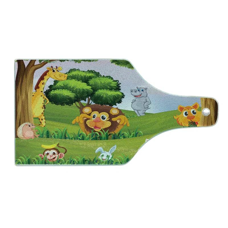 Ambesonne Zoo Tempered Glass Cutting Board Animals in Forest Savannah Art Multicolor