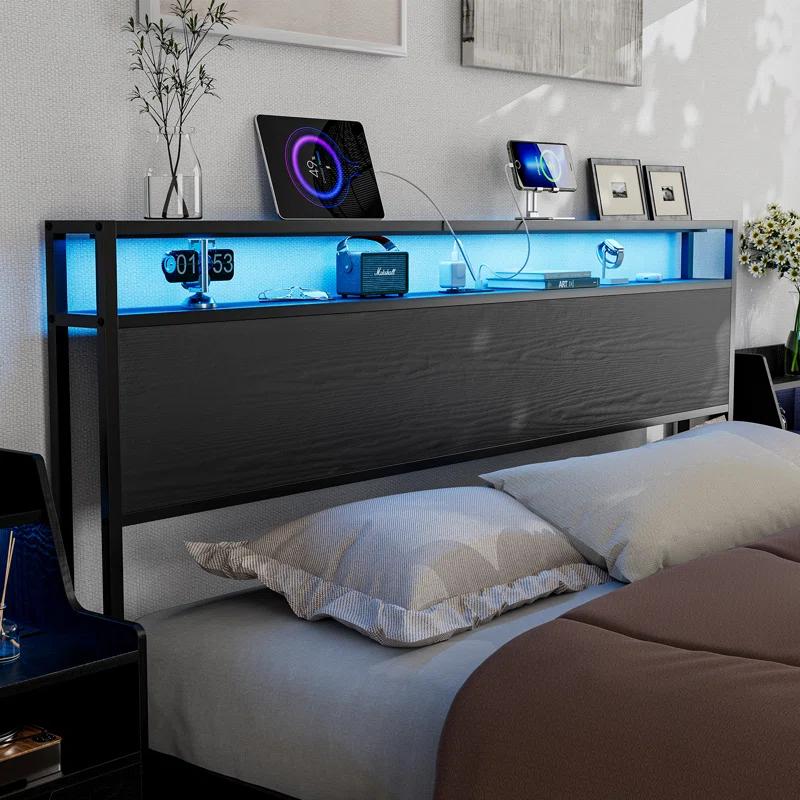 Kaiwei Storage Headboard With Led Lights & Charging Station - Industrial Metal And Wood