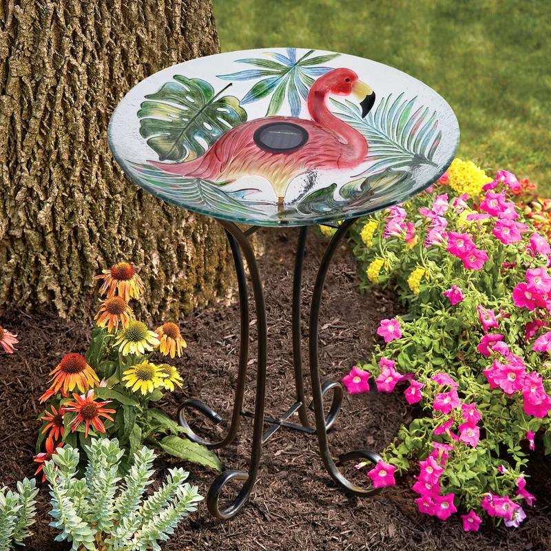 Solar LED Verdant Glass Bird Bath with Flamingo Design