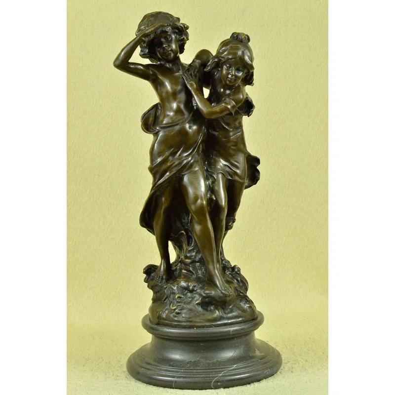Bloomsbury Market Signed Original Boy And Girl Walking Outdoor Bronze Sculpture Marble Base Statue