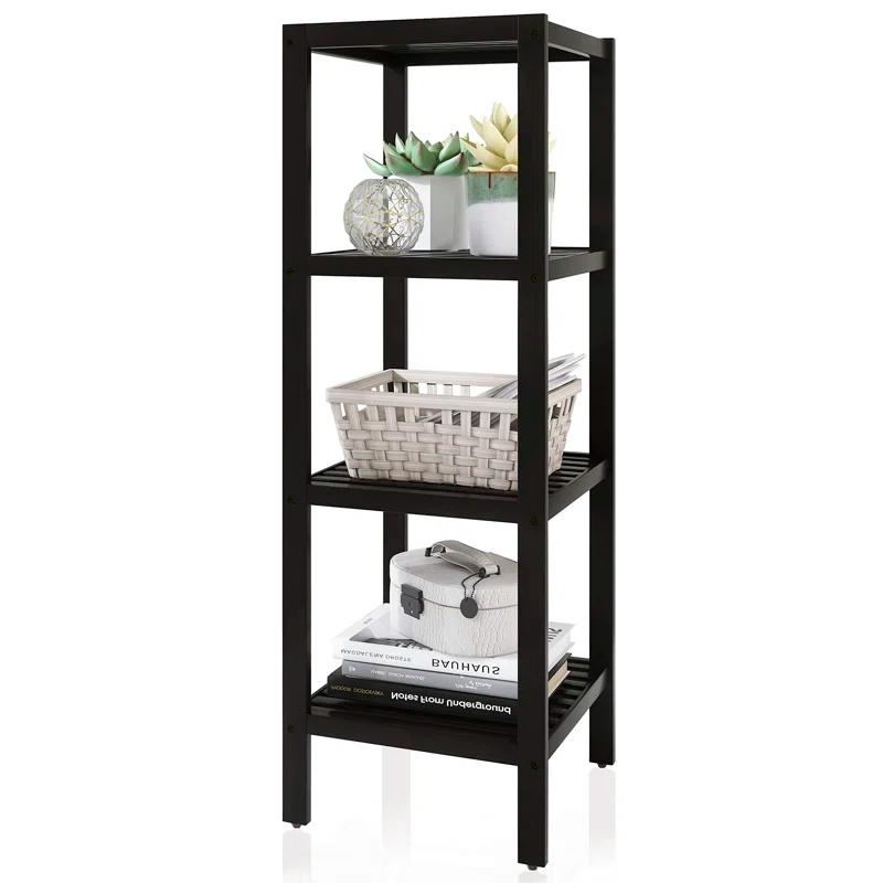 Bathroom Storage Shelf, 4-Tier Bamboo Rack Organizer, Multifunctional Shelving Unit For Living Room Bedroom Kitchen (Black)
