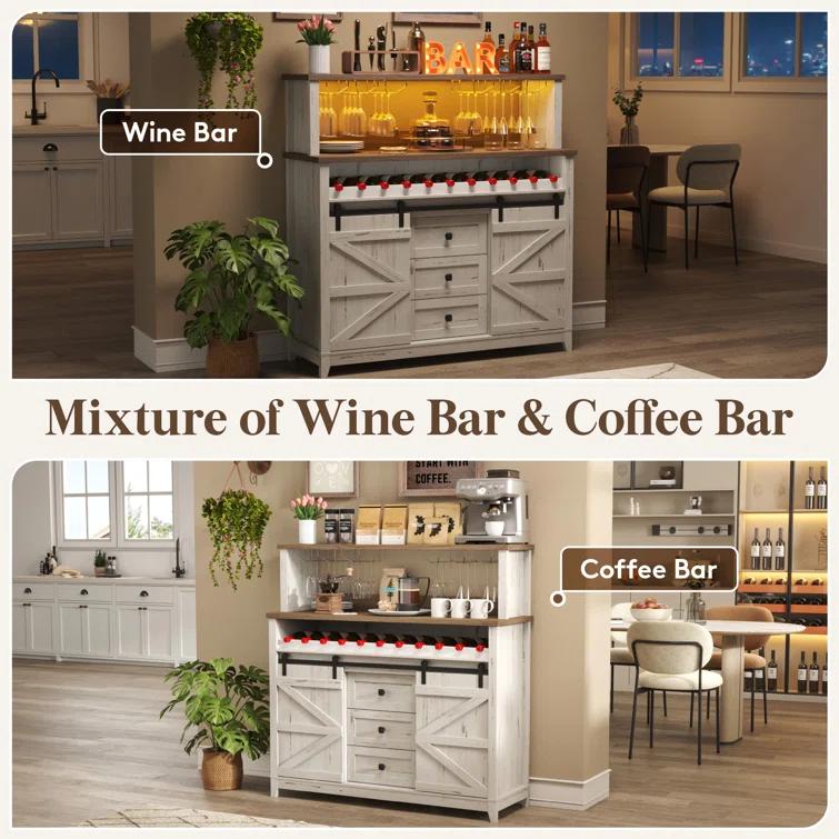 Gracie Oaks Farmhouse Wine Bar Cabinet With Sliding Bar Door And Led Lights, Sideboard With 2 Layers Tabletops, Wine And Glass Racks, 2 Storage Cabinets With Adjustable Shelf, 3 Drawers, Rustic White