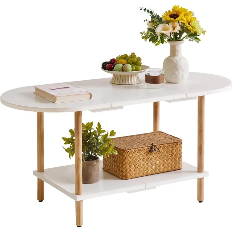 Latitude Run® Oval Coffee Table White, Small Wooden Coffee Table For Small Space, Splicing Design 35 * 16 * 17In, 2 Tier Center Table For Living Room White