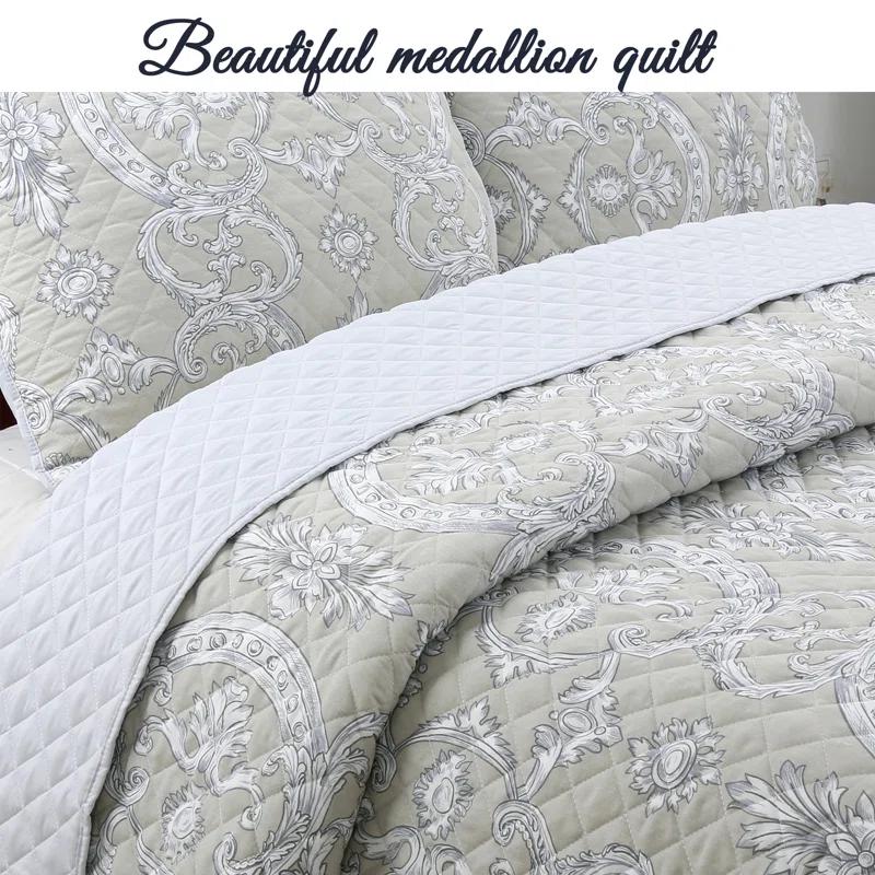Cozy Line Home Fashion Gray Taupe Floral Majesty Medallion Geometric Shapes Quilt Set