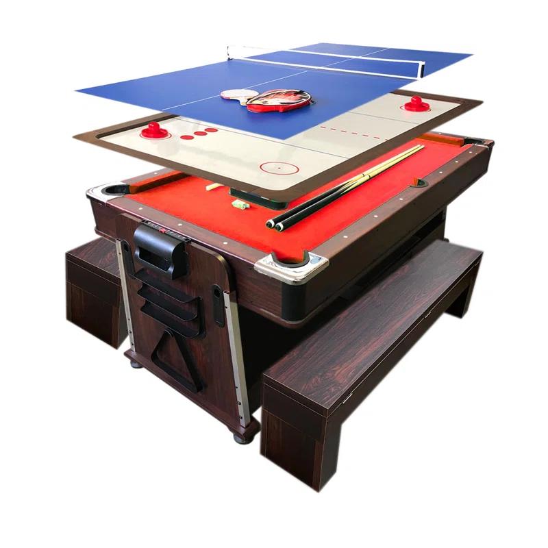 Simba USA Inc Pool Table 7ft Red + Air Hockey + Table Tennis + Table – Crown With Benches