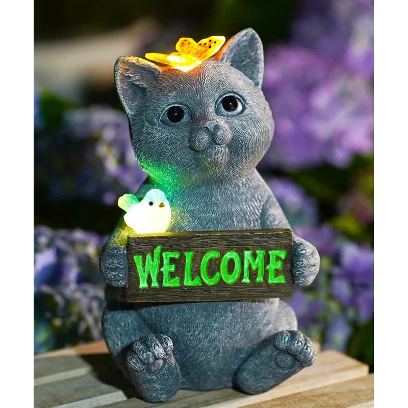 Trinx Solar Cat Figurine Garden Statues : Outside Welcome Cat Statue With Butterfly For Garden Decor And Yard Decorations - Unique Gifts
