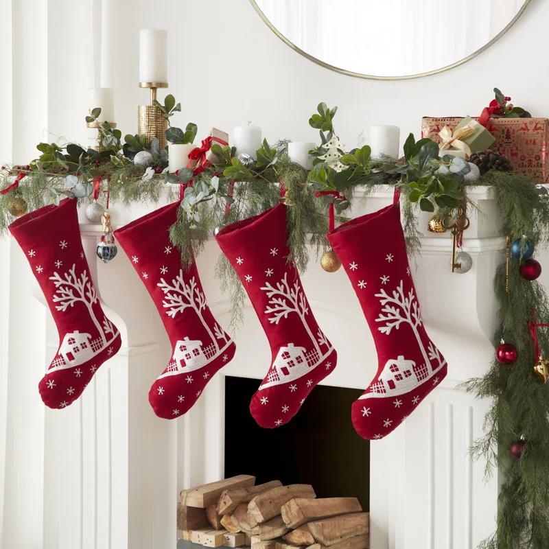 Arcadia Home Handmade Christmas Stocking - Snowy Village Embroidered Scene on Red