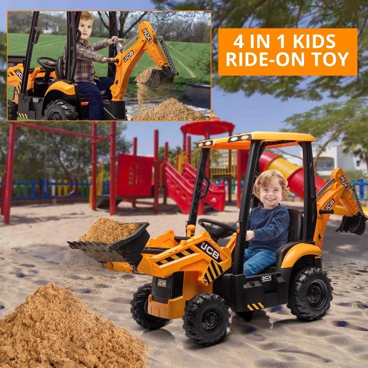 Hetoy 4 In 1 Ride On Excavator, 12V Battery Powered Electric Vehicle For Kids With Remote Control