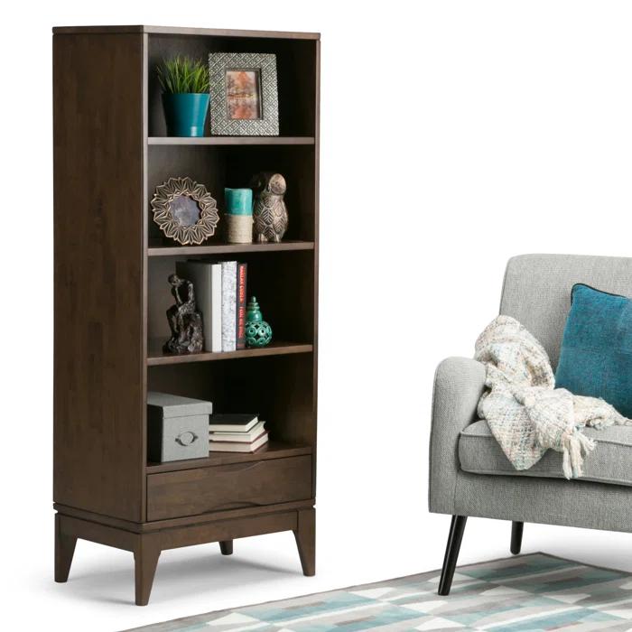 Simpli Home Harper 24"W Solid Hardwood 4 Shelf Mid-Century Modern Bookcase with Drawer and Adjustable Shelves