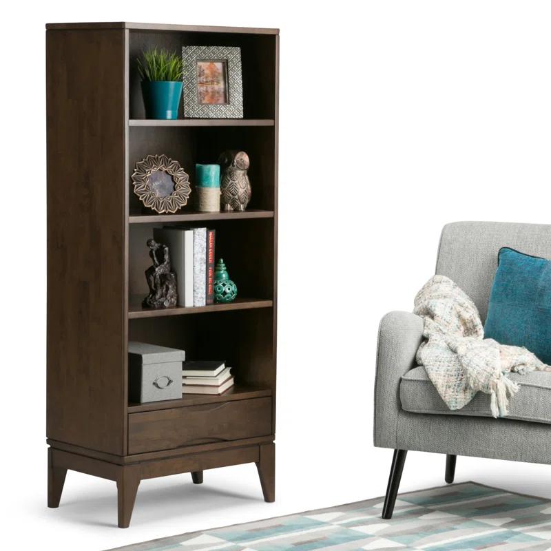Simpli Home Harper 24"W Solid Hardwood 4 Shelf Mid-Century Modern Bookcase with Drawer and Adjustable Shelves